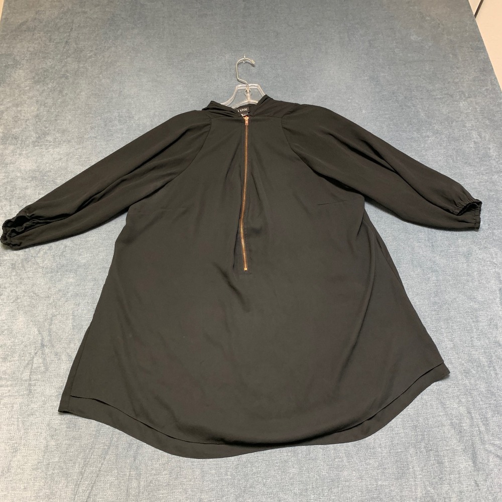 City Chic Tunic Blouse Top Womens S/16 Black Half Zip Balloon Sleeve Curved Hem